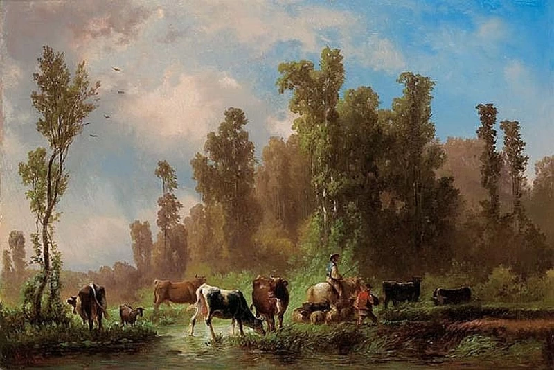 Carl Schweninger II - Mandria di mucche con cervi in __uno stagno